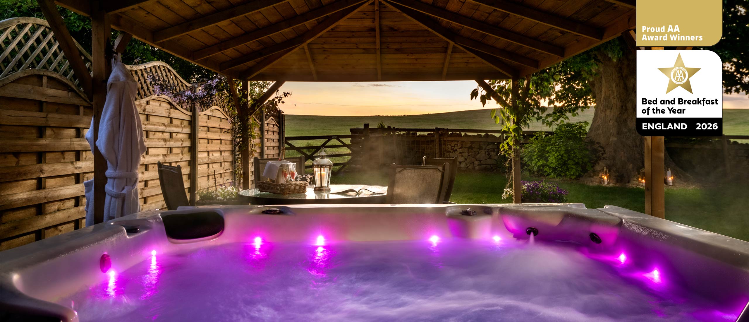 Sycamore-Suite-Hot-Tub-Dusk-AA-Award View from the Sycamore Suite at Dannah Farm B&B